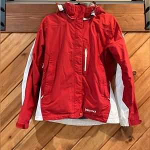 Marmot snow jacket with removable hood. Like new. Red & White. Size Medium.